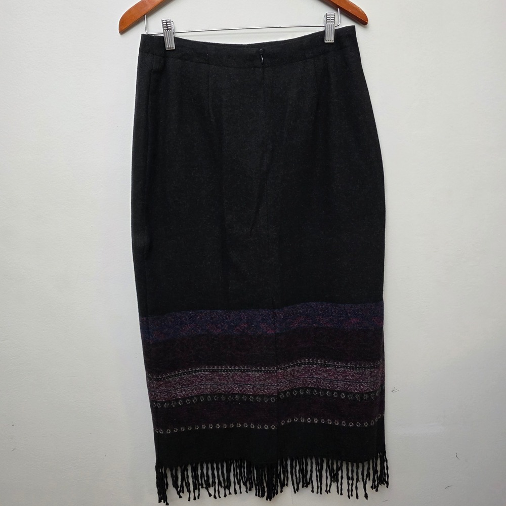 CC Hughes Women's Size 10 Black Wool Blend Fringe Hem Ethnic Print Midi Skirt - Picture 3 of 8